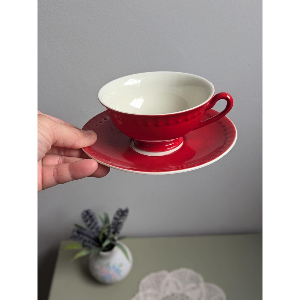 Vintage Mosa Maastricht Red Teacup & Saucer Dutch Porcelain Tea Cup Set